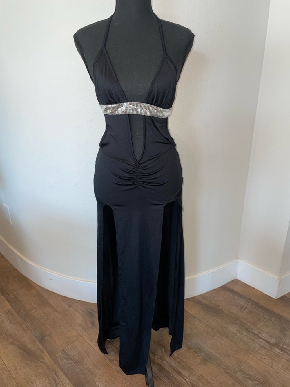 Sexy Halter Cutout Evening Dress with Sequined Waistband